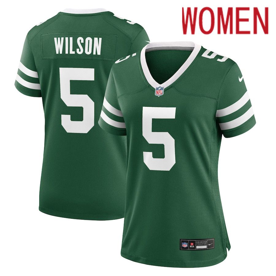Women New York Jets 5 Garrett Wilson Nike Legacy Green Game NFL Jersey
